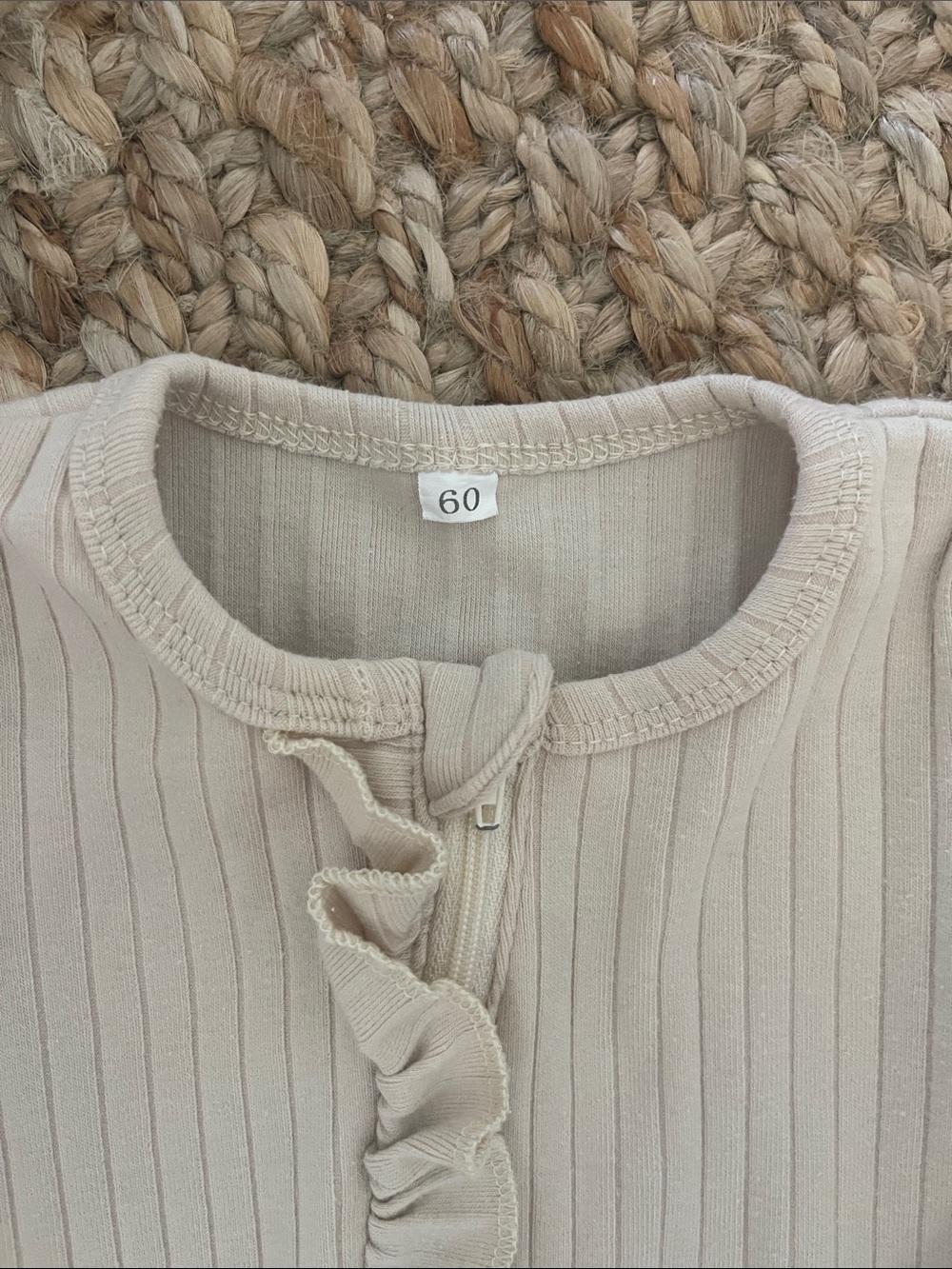 Neutral Cream Ribbed Zip-Up Ruffle Footed One-Piece - Picture 2 of 5